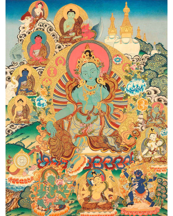 Buddhist Goddess Green Tara Thangka | Tibetan Traditional Art | Religious Wall Decoration