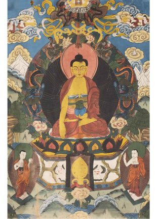 Buddhist Thangka painting | Shakyamuni Buddha with two chief Disciples