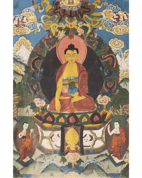 Buddhist Thangka painting | Shakyamuni Buddha with two chief Disciples