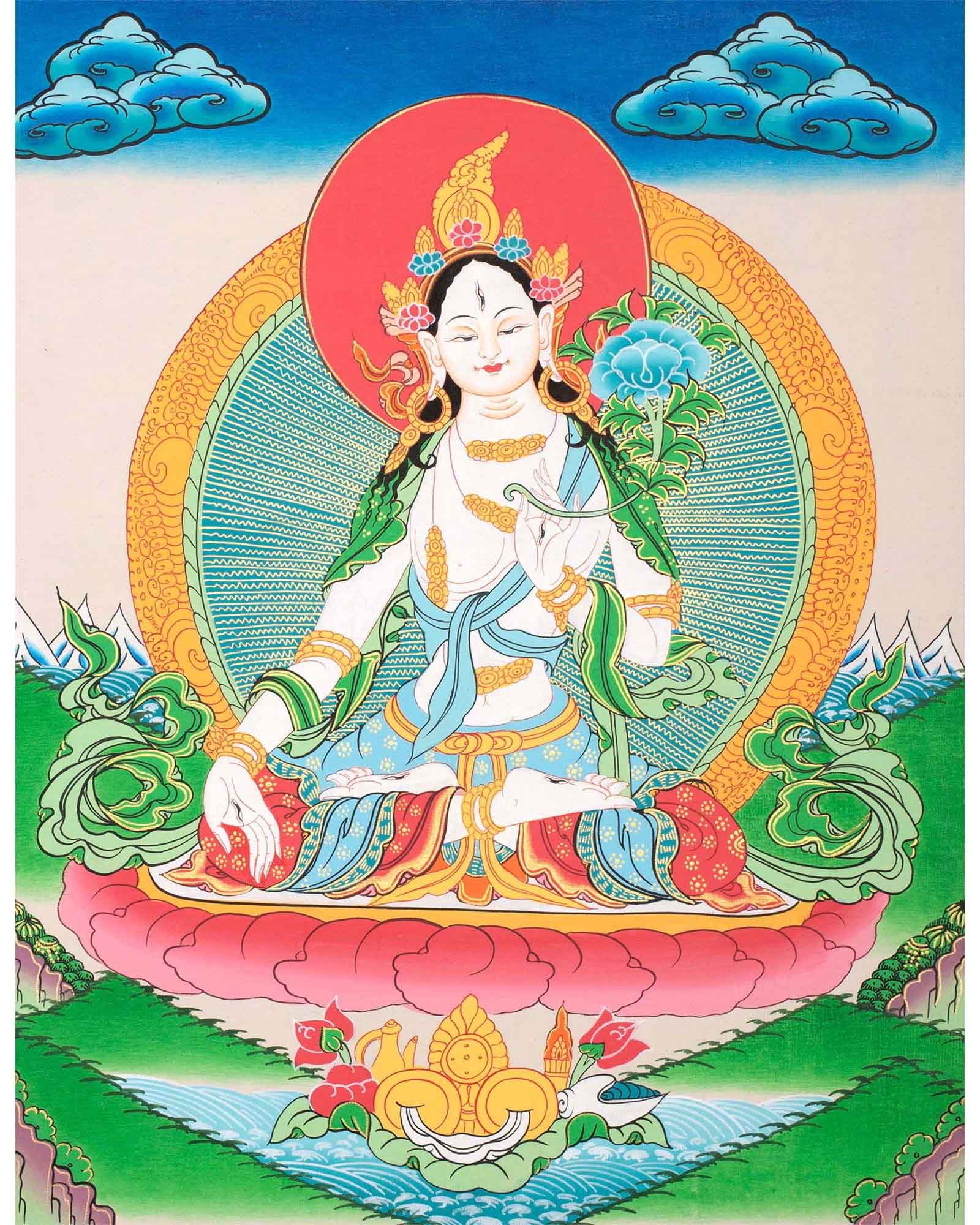 Buddhist White Tara Thangka | Handpainted Tibetan Art | Religious Wall