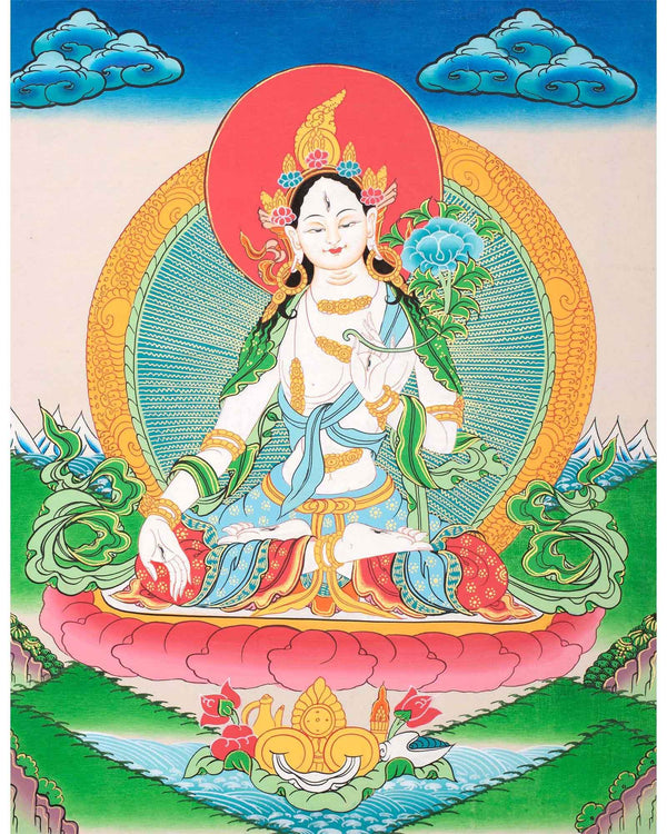 Buddhist White Tara Thangka | Handpainted Tibetan Art | Religious Wall Hanging Decor