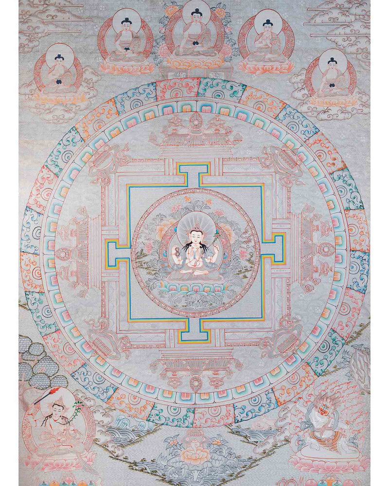 Chegrezig Mandala Thangka | Hand Painted covered with Pure Silver