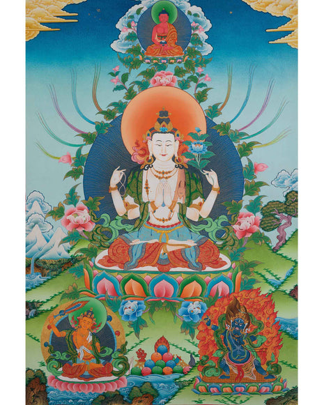 Chengrezig Avalokitesvara  Buddhist Thangka | Original Hand-Painted Thangka