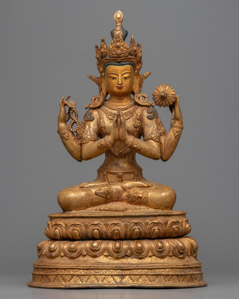 Gold Gilded Chenrezig Statue | Traditional Handcrafted Buddhist Art