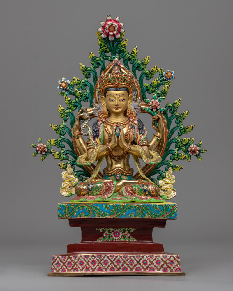 Chexrezig Traditional Himalayan Chenrezig Avalokiteshvara Gold Statue | The Bodh