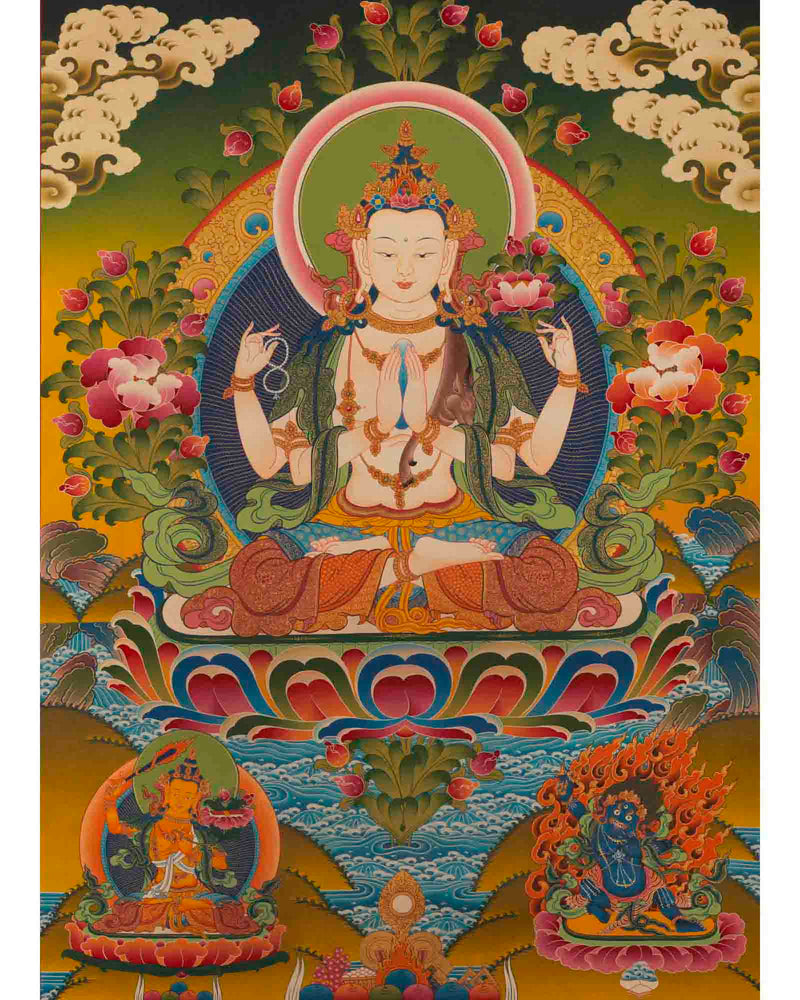 Chenresig Thangka | Followed By Mahalakala And Manjushree  | Religious Wall Decor