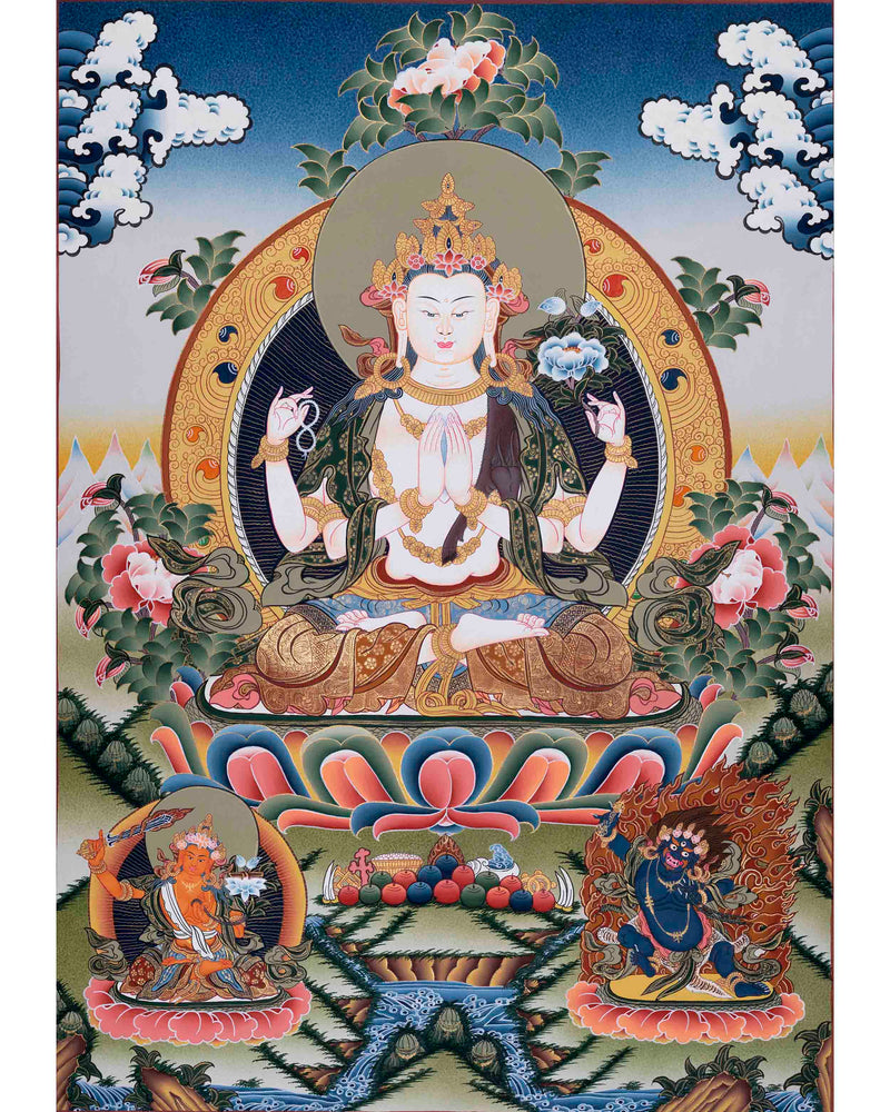 Traditionally Hand-Painted Chenresig Thangka Painting