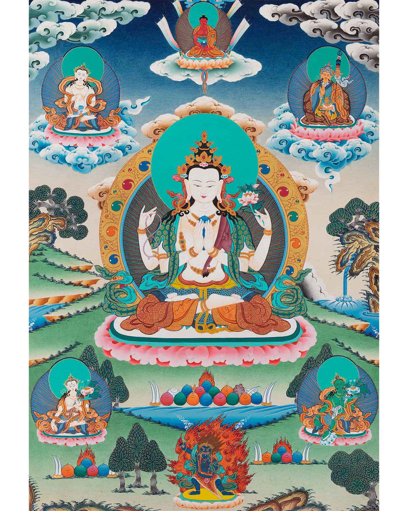 Chengrezig Handmade Original Thangka | Bodhisattva Avalokiteshvara