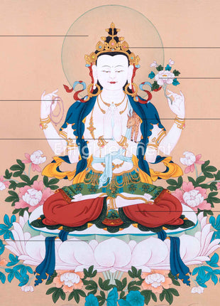 The Compassion Bodhisattva Chenrezig Thangka Art | Four Armed Chenrezig Hand Painted Art For Wall Decoration