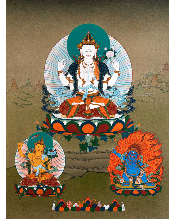 Chenrezig, Manjushri, Vajrapani Thangka