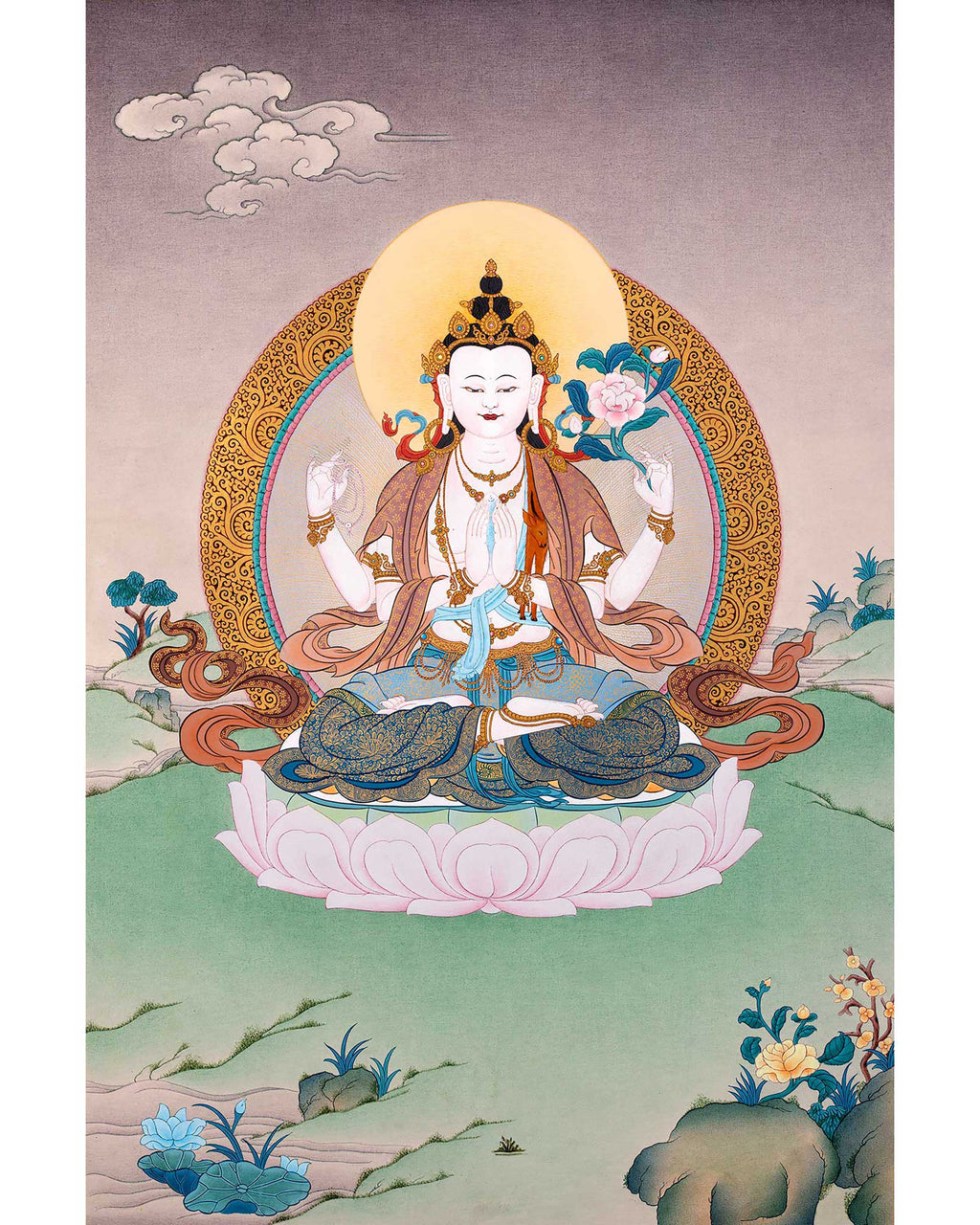 Chexrezig 4 Armed Chenrezig Thangka | High Quality Avalokiteshvara Painting