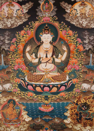 4 Armed Chenrezig Thangka | Yoga Meditation Canvas Art for your Peace