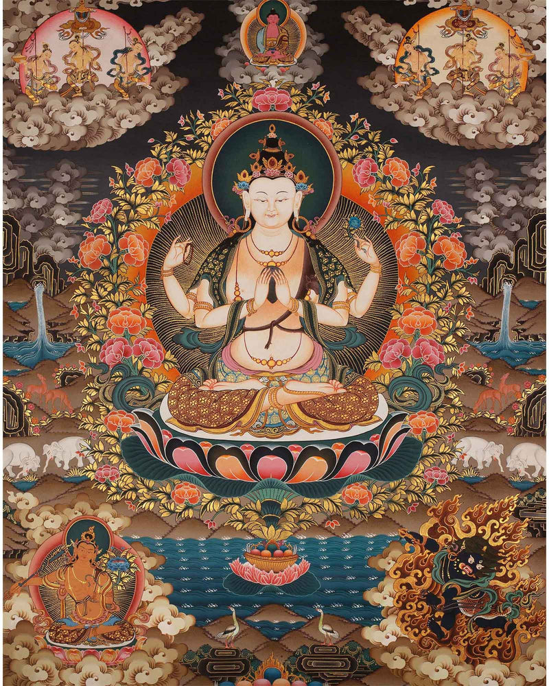 4 Armed Chenrezig Thangka | Yoga Meditation Canvas Art for your Peace