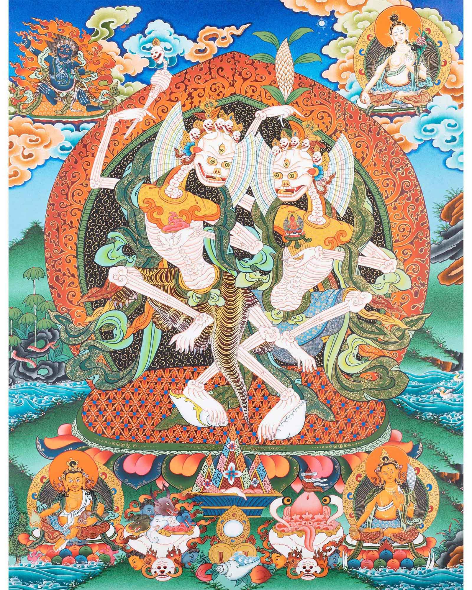 Chitipati Mahakala Thangka | Religious Handpainted Art | Wall Hanging Decors