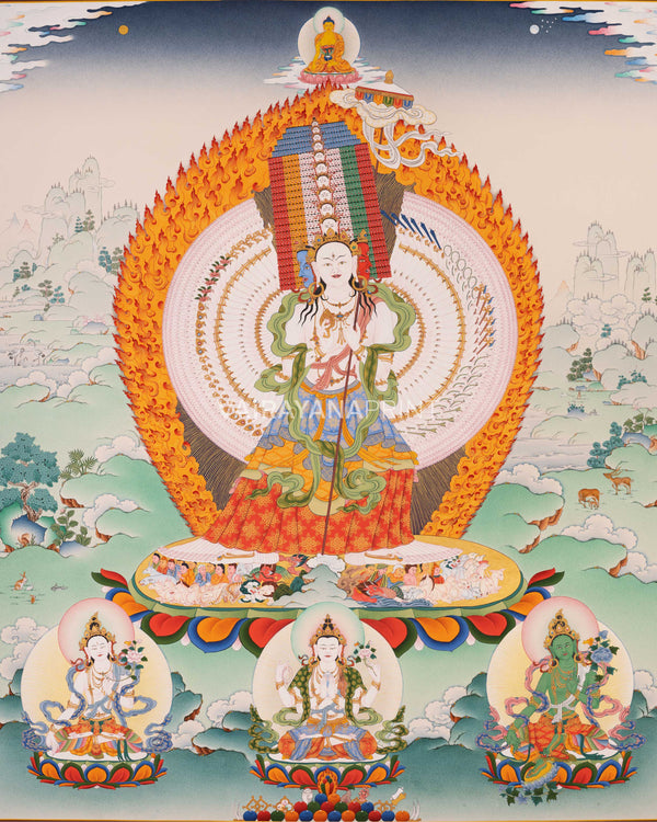 Sitatapatra Thangka Print with Green Tara, White Tara and Chenrezig