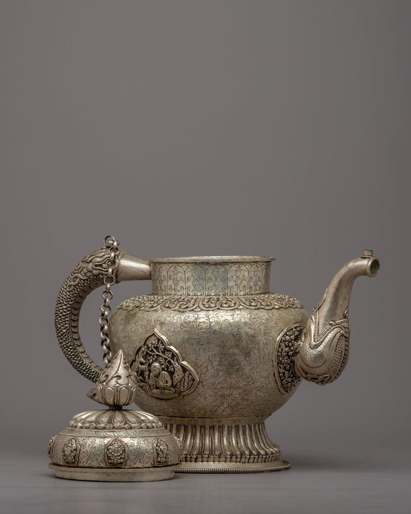 Auspicious Symbol Carved Silver Plated Tea Pot - Evamratna