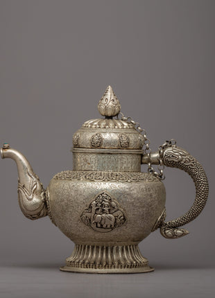 Auspicious Symbol Carved Silver Plated Tea Pot - Evamratna
