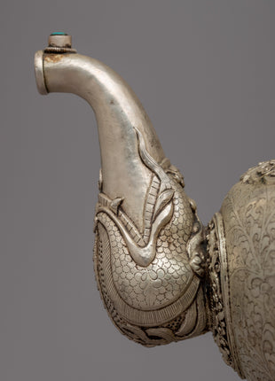 Auspicious Symbol Carved Silver Plated Tea Pot - Evamratna