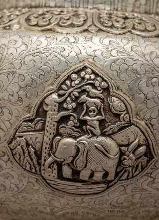 Auspicious Symbol Carved Silver Plated Tea Pot - Evamratna
