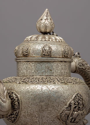 Auspicious Symbol Carved Silver Plated Tea Pot - Evamratna