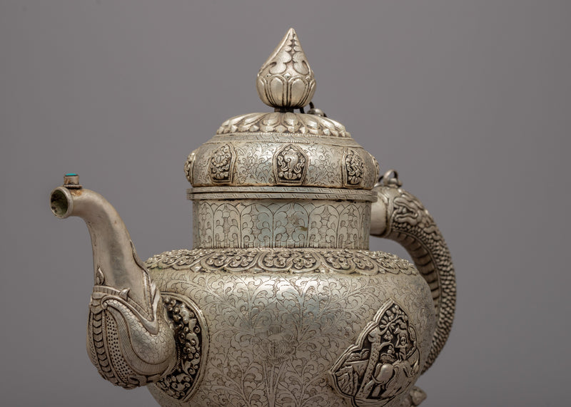 Auspicious Symbol Carved Silver Plated Tea Pot - Evamratna