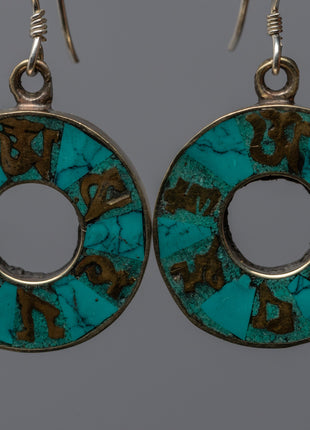 Traditional Tibet Earrings With Turquoise | Om Mani Padme Hum Inlay Earrings