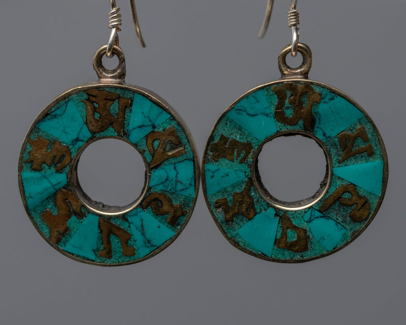 Traditional Tibet Earrings With Turquoise | Om Mani Padme Hum Inlay Earrings