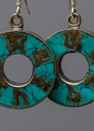 Traditional Tibet Earrings With Turquoise | Om Mani Padme Hum Inlay Earrings