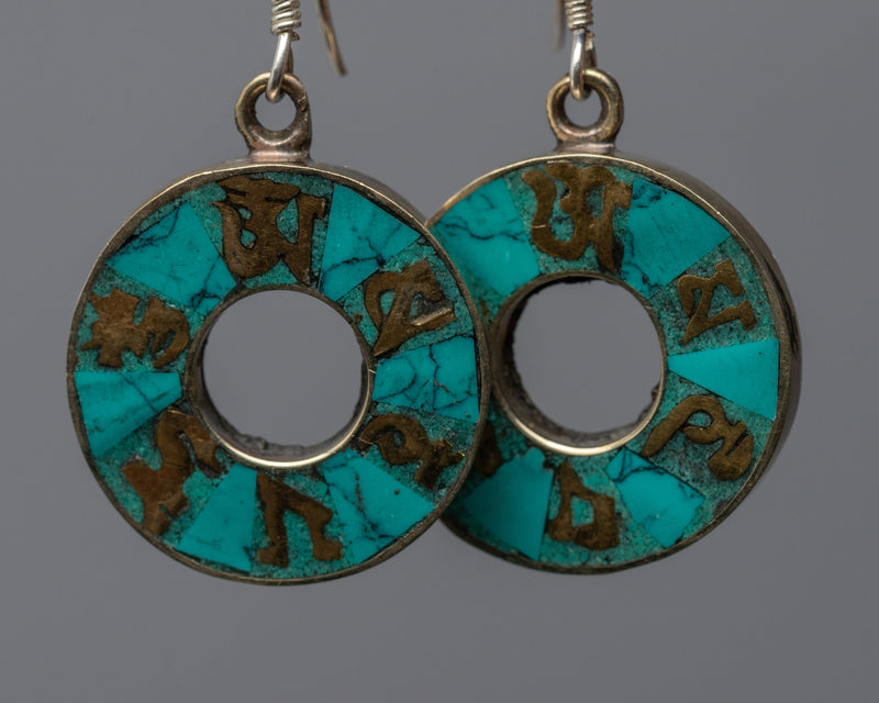 Traditional Tibet Earrings With Turquoise | Om Mani Padme Hum Inlay Earrings