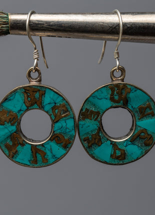 Traditional Tibet Earrings With Turquoise | Om Mani Padme Hum Inlay Earrings