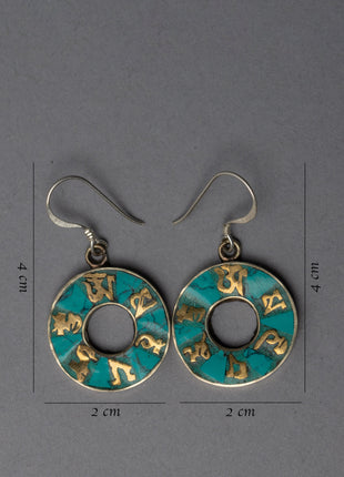 Traditional Tibet Earrings With Turquoise | Om Mani Padme Hum Inlay Earrings
