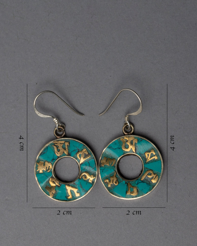 Traditional Tibet Earrings With Turquoise | Om Mani Padme Hum Inlay Earrings