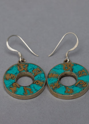 Traditional Tibet Earrings With Turquoise | Om Mani Padme Hum Inlay Earrings