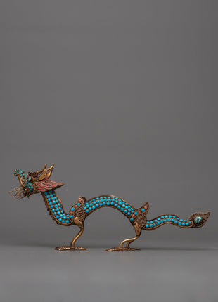 Chinese Dragon Statue Set | Copper Statues Adorned with Gemstones