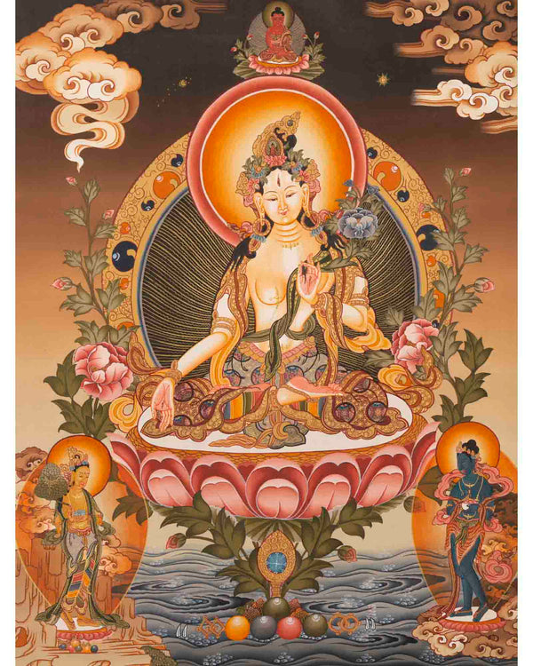 Female Bodhisattva Art | White Tara Thangka | Religious Wall Decors