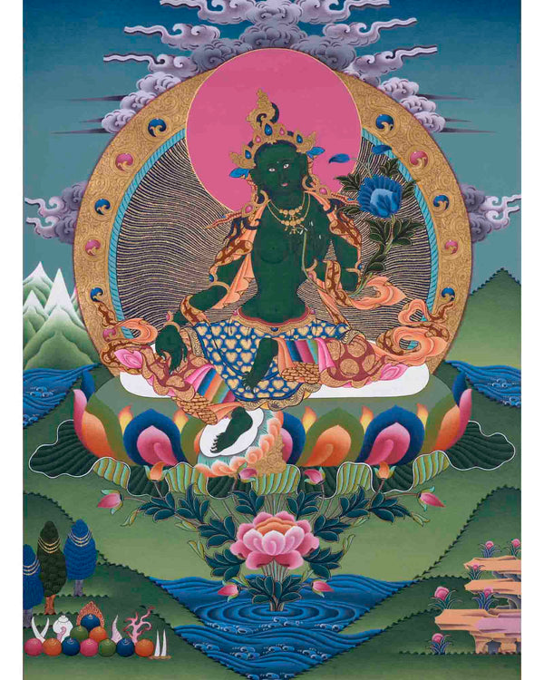 Female Bodhisattva Tara | Green Tara Thangka | Wall Decoration Art