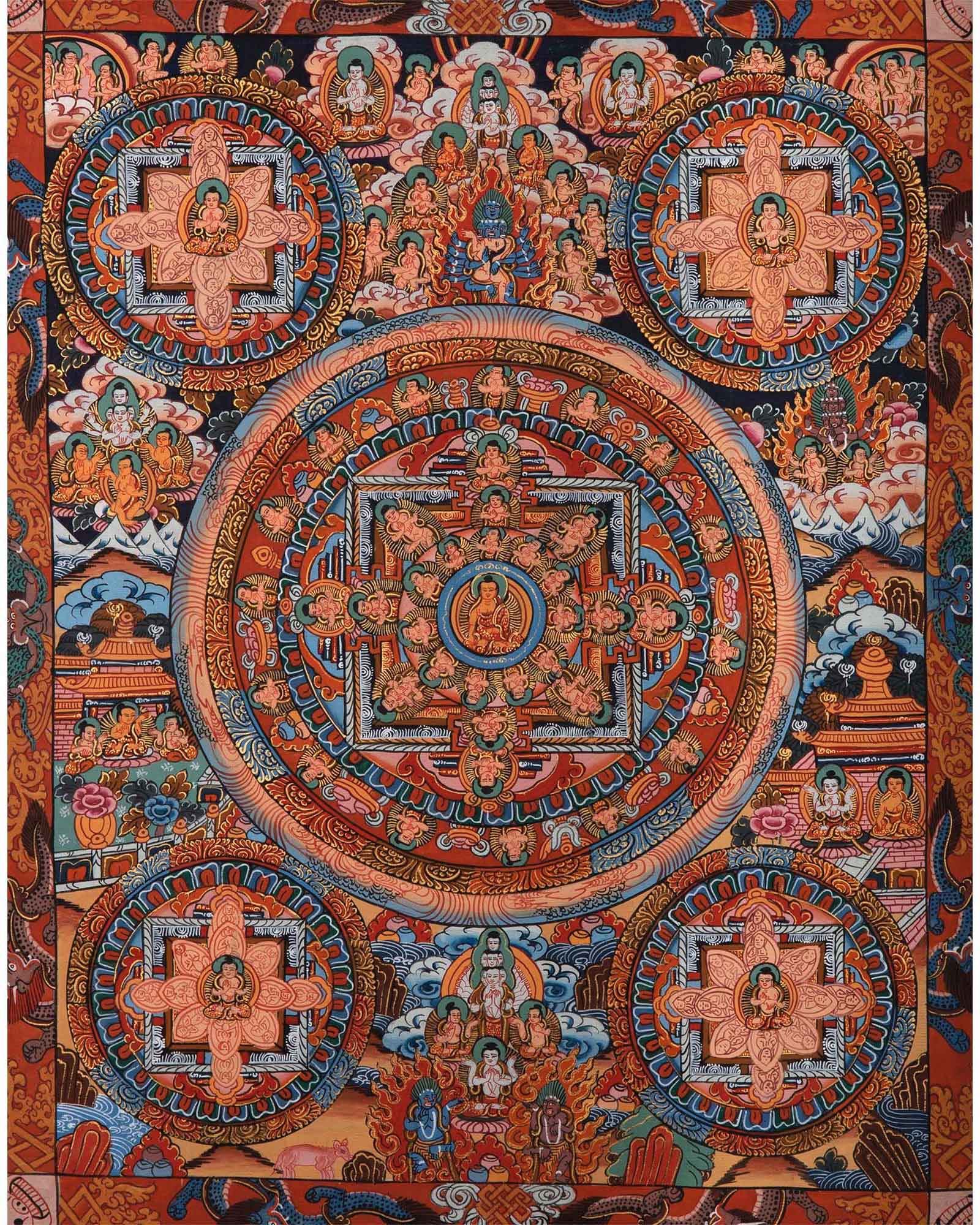 Five Round Mandala Thangka | Wall Decoration Painting for Meditation