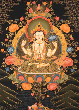 Four Armed Chenrezig Thangka | Tibetan Avalokiteshvara of compassion