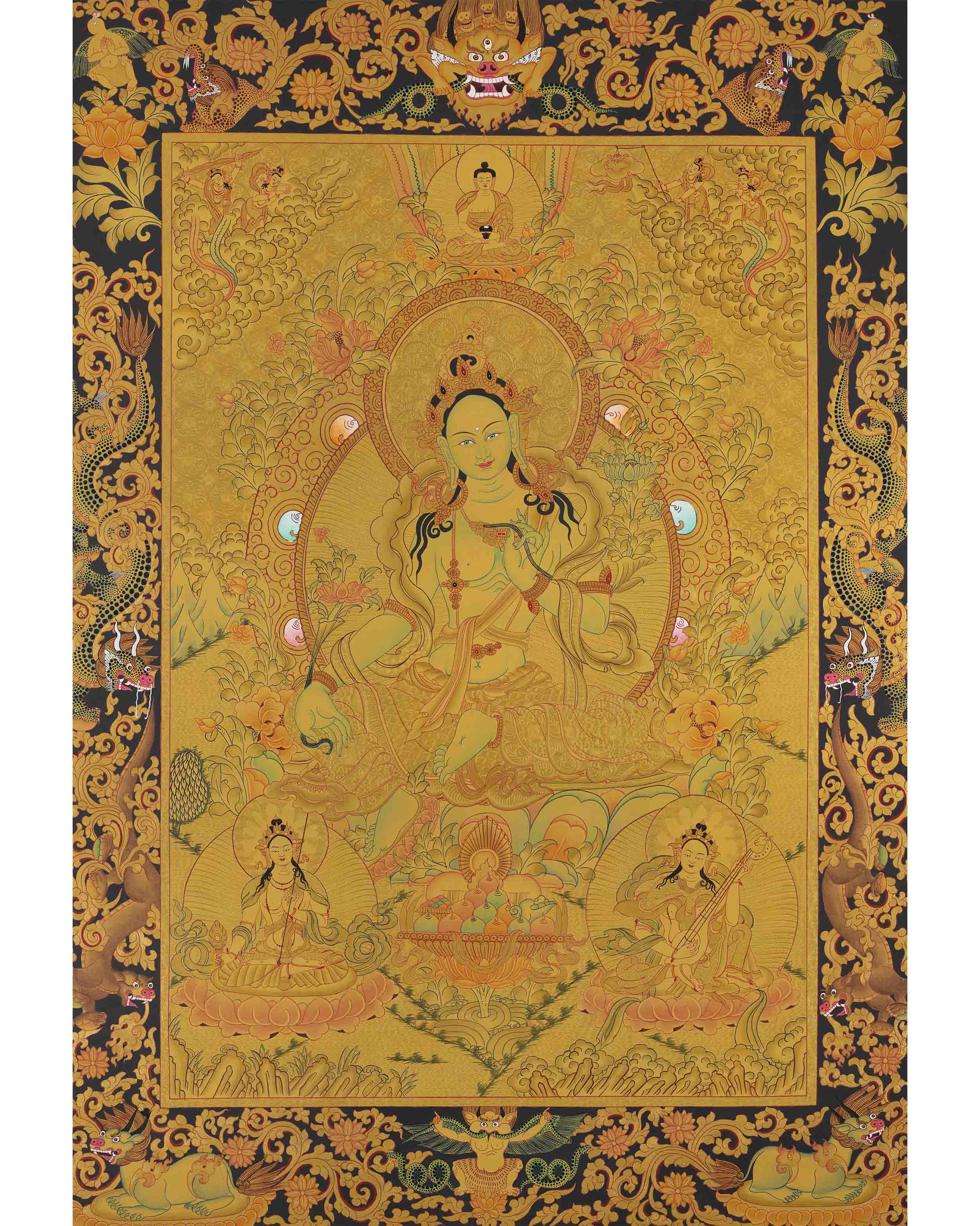 Full 24K Gold Green Tara Thangka Wall Decoration Art 