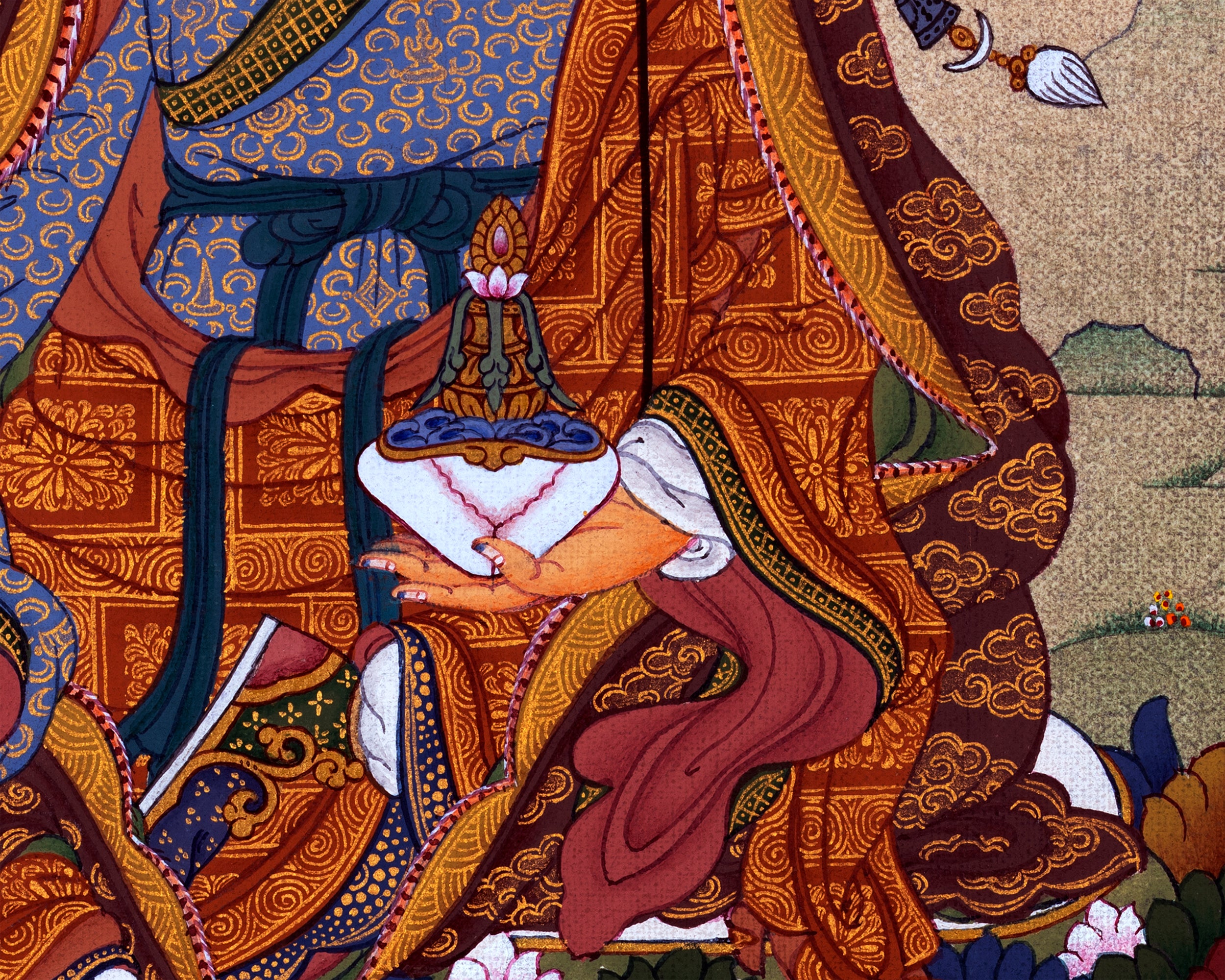 Guru Rinpoche, Padmasambhava Thangka, Hand Painted Tibetan Buddhist Painting in 24K Gold