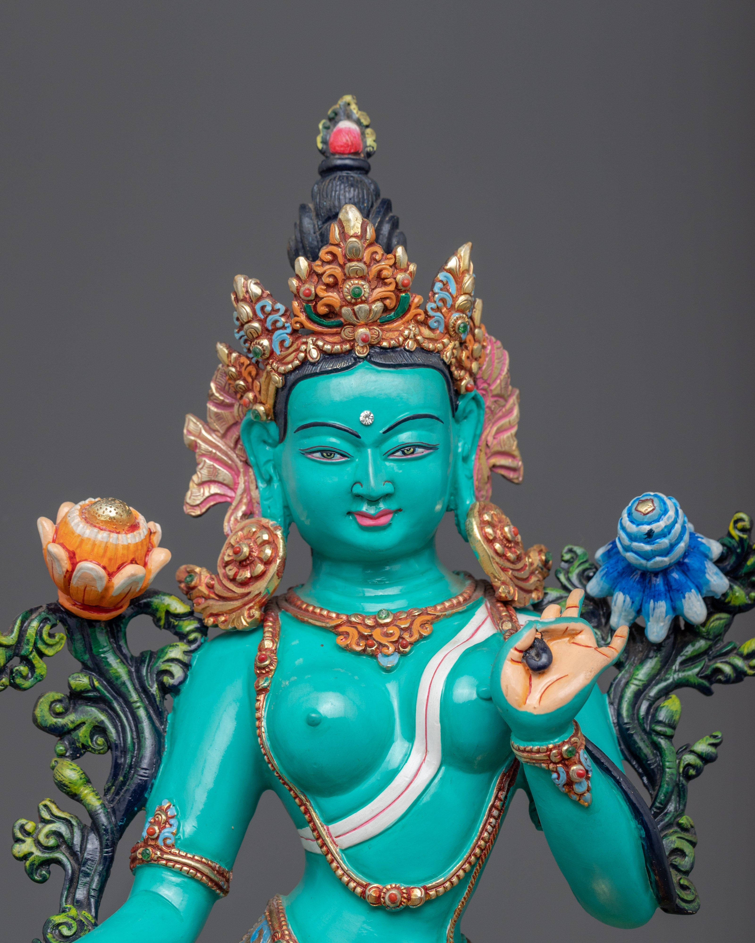 Tibetan Green Tara Guru Sculpture | Female Bodhisattva Statue for Meditation