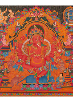 Ganapati Thangka Painting | Handmade Buddhist Sakya Red Ganesha