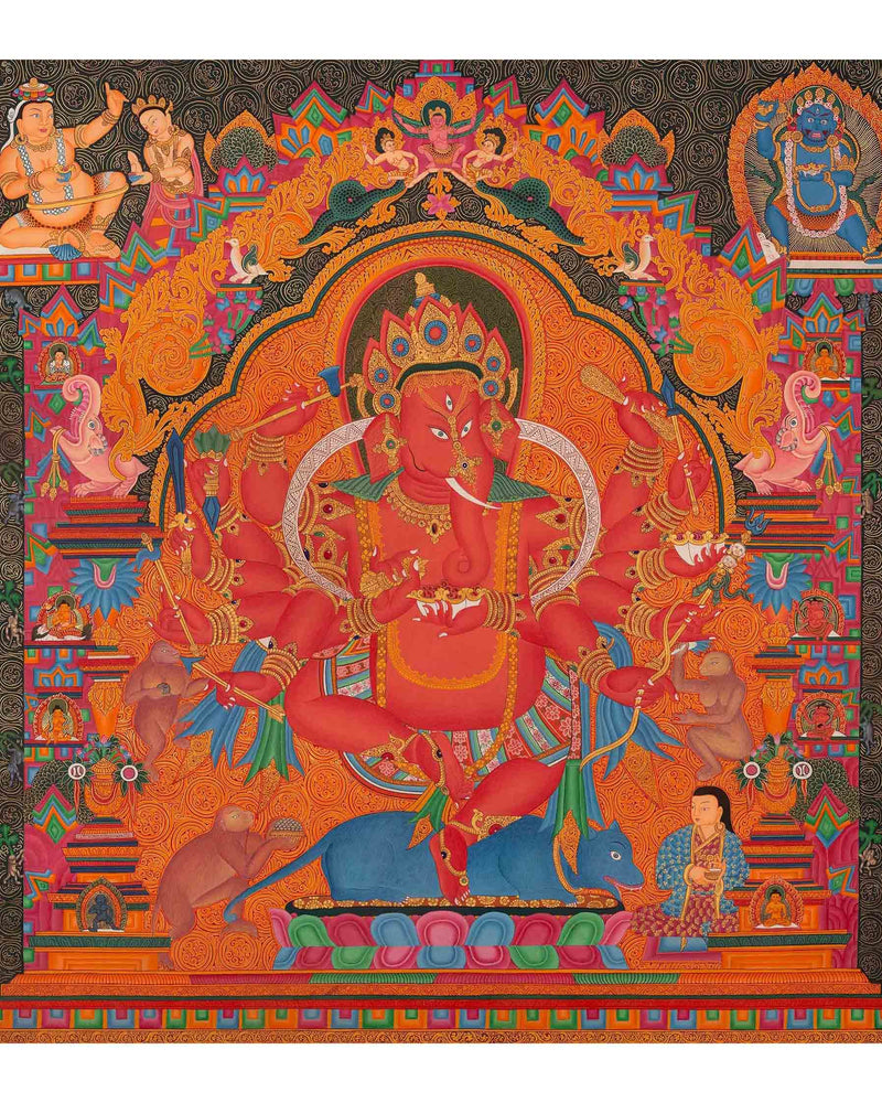 Ganapati Thangka Painting | Handmade Buddhist Sakya Red Ganesha