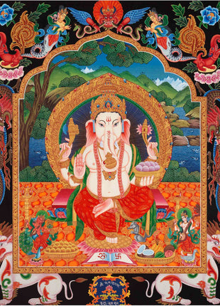 Ganesh Thangka Painting With Kartikeya and Saraswati | Original Hand Painted Ganapati Baba Canvas Art | Wall Hanging Religious Gift