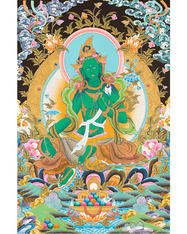 Goddess Green Tara Thangka | Cotton Canvas Hand Painting | Religous Wall Decor