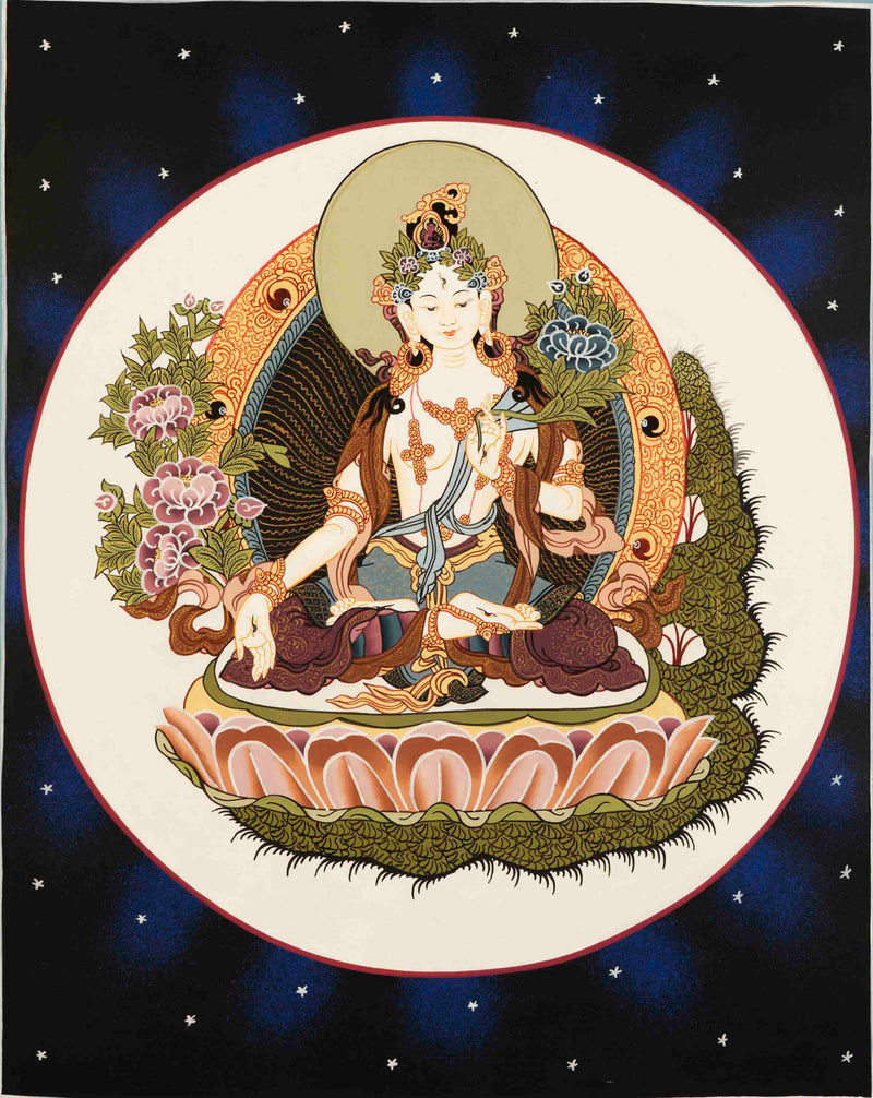 Goddess White Tara | Traditional Thangka Art | Wall Hanging Decoration