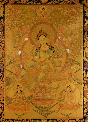 Gold Green Tara Thangka | Religious Buddhist Painting | Wall Decors