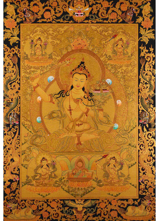 Gold Manjushree Thangka | Hand Painted Bodhisattva Art