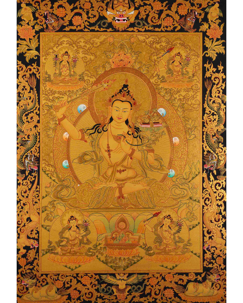 Gold Manjushree Thangka | Hand Painted Bodhisattva Art