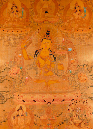 Gold Manjushri Thangka | Tibetan Buddhist Wall Decor Art